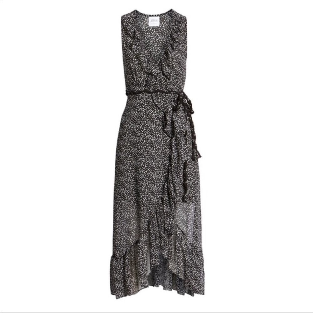 MISA Los Angeles Mari Surplice Dot Print Ruffle Sleeveless Wrap Dress